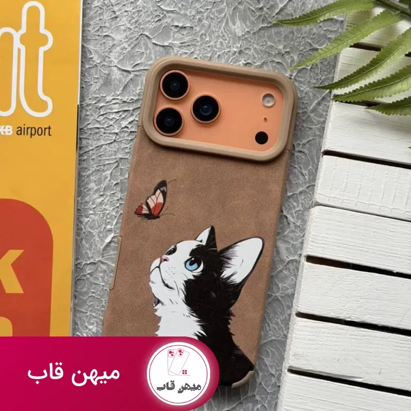 قاب آیفون گربه و پروانه مخملی