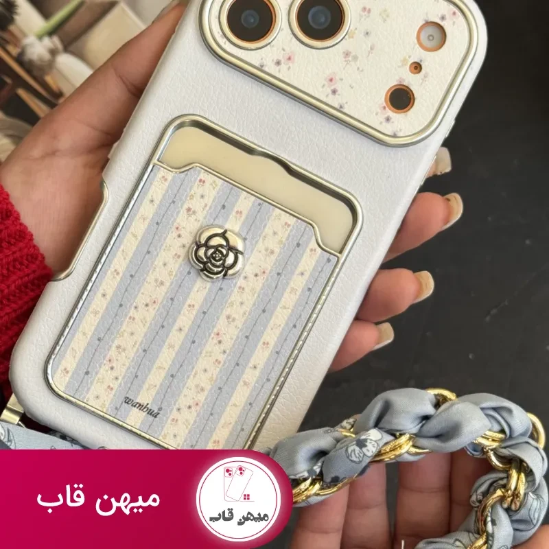 قاب موبایل آیفون اسکارف گل آبی مه آلود + بندست