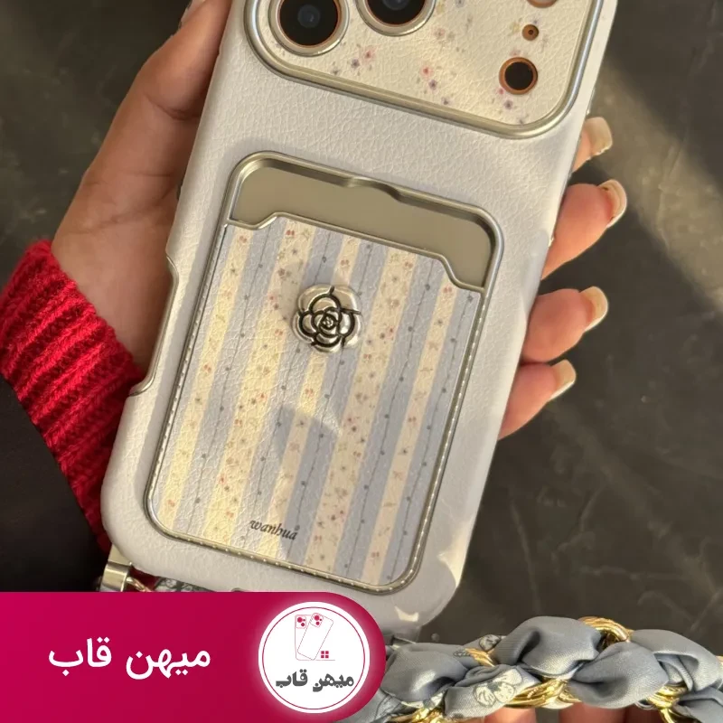 قاب موبایل آیفون اسکارف گل آبی مه آلود + بندست