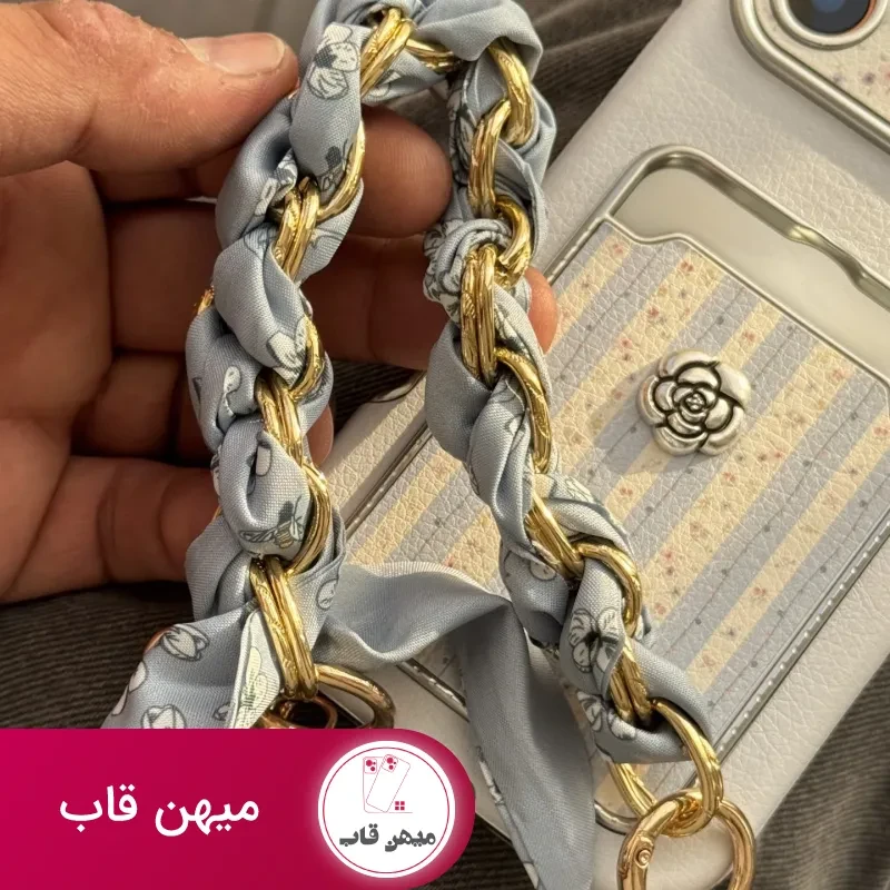 قاب موبایل آیفون اسکارف گل آبی مه آلود + بندست