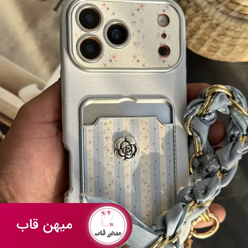 قاب موبایل آیفون اسکارف گل آبی مه آلود + بندست