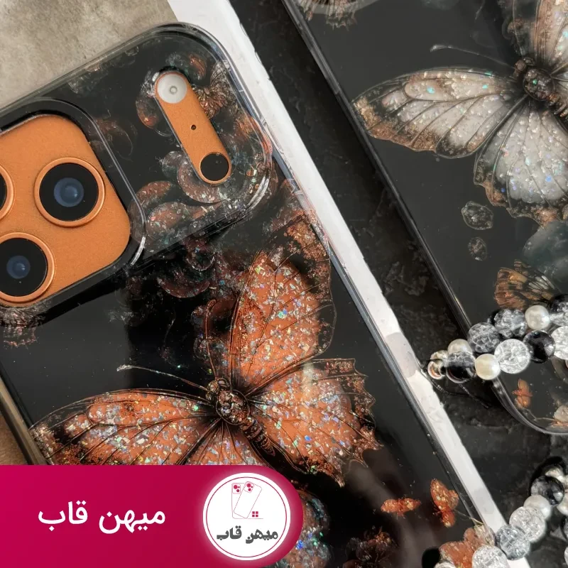 قاب موبایل آیفون پروانه ترنسپرنت مشکی پولکی طلایی