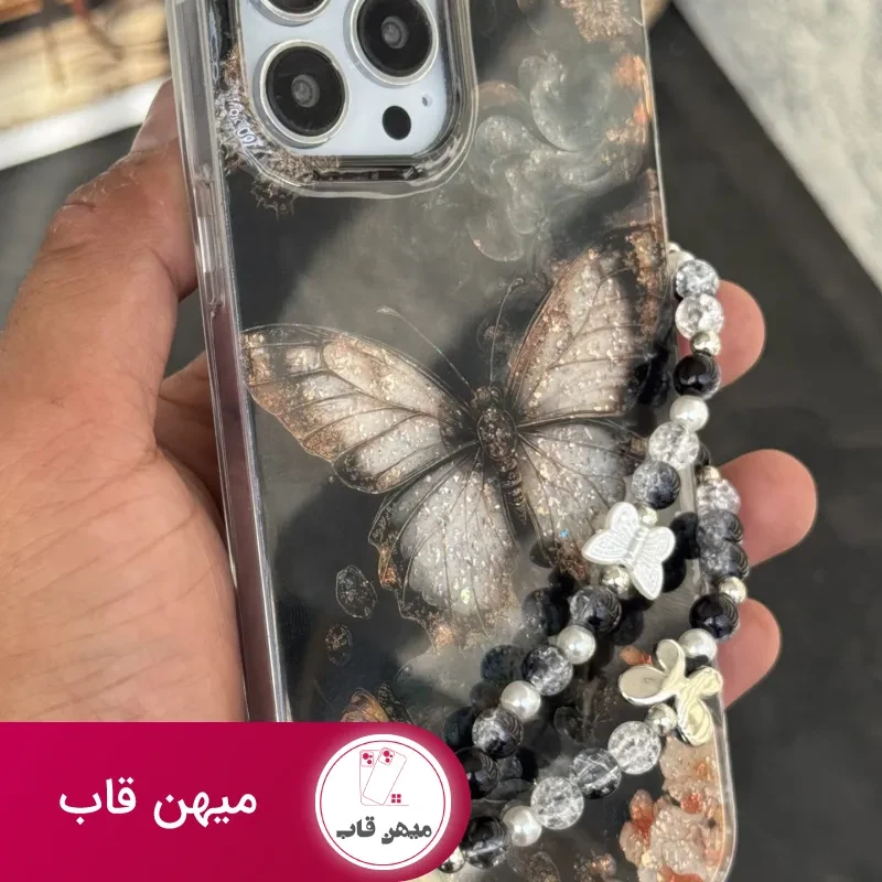 قاب موبایل آیفون پروانه ترنسپرنت مشکی پولکی طلایی