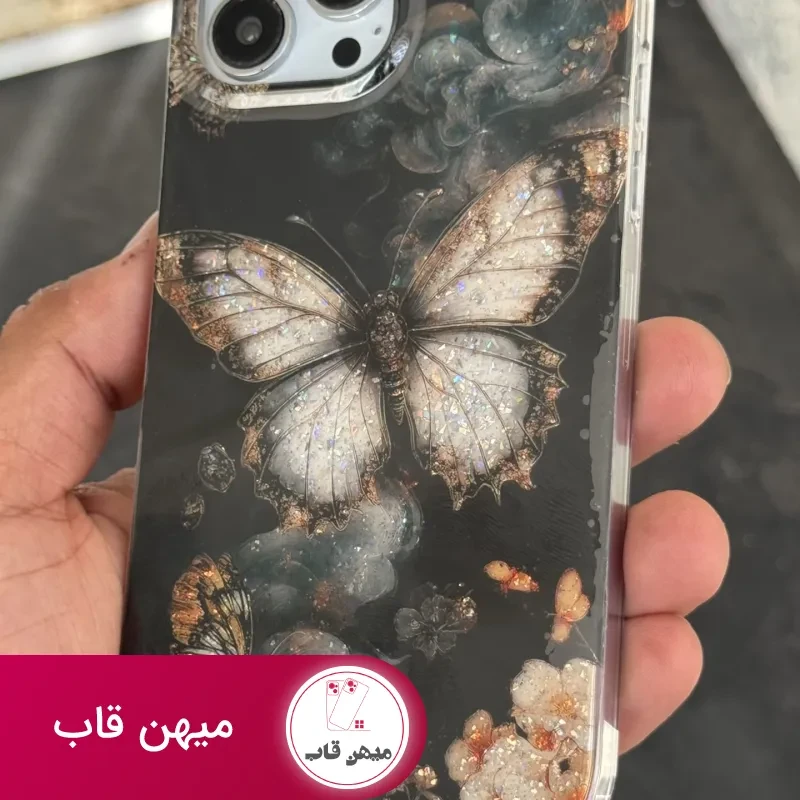 قاب موبایل آیفون پروانه ترنسپرنت مشکی پولکی طلایی