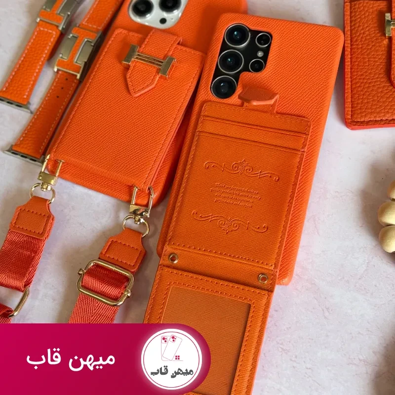 قاب هرمس کیفی چرمی با بند بلند رنگ نارنجی