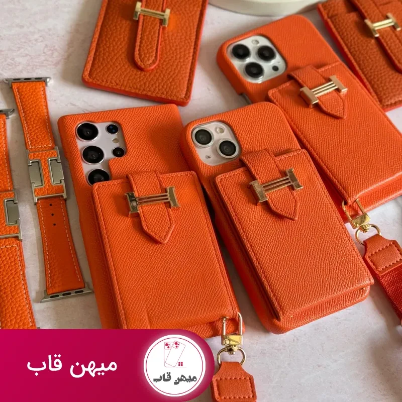 قاب هرمس کیفی چرمی با بند بلند رنگ نارنجی