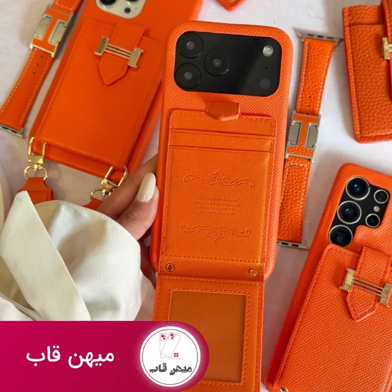 قاب هرمس کیفی چرمی با بند بلند رنگ نارنجی