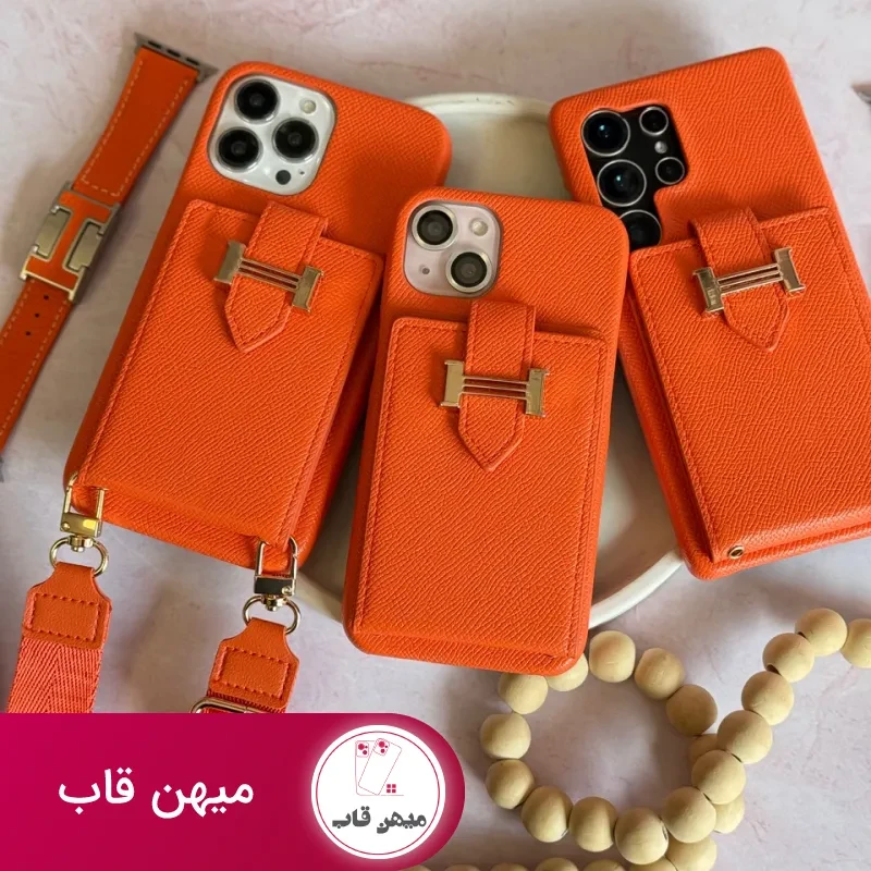 قاب هرمس کیفی چرمی با بند بلند رنگ نارنجی