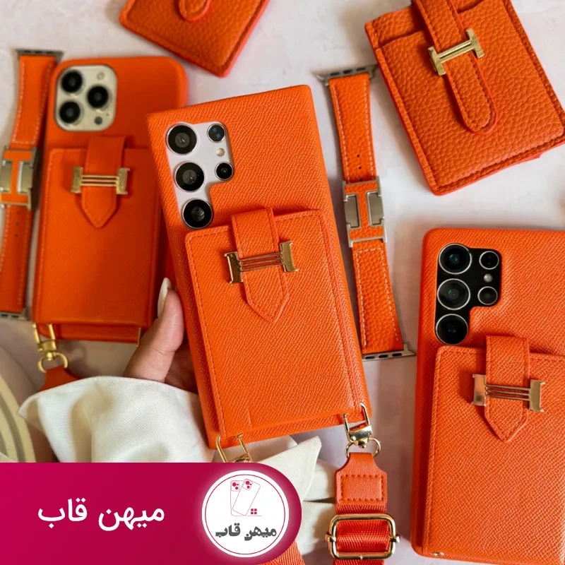 قاب هرمس کیفی چرمی با بند بلند رنگ نارنجی