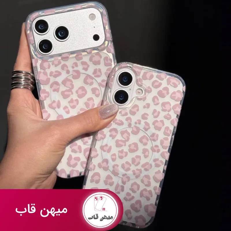 قاب گوشی آیفون پلنگی صورتی به همراه مگ سیف