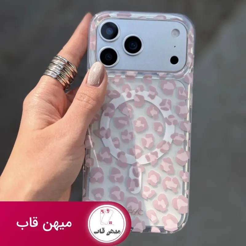 قاب گوشی آیفون پلنگی صورتی به همراه مگ سیف