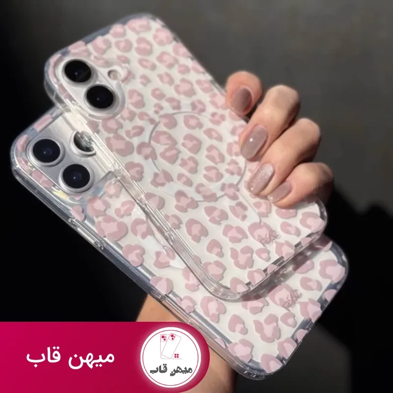 قاب گوشی آیفون پلنگی صورتی به همراه مگ سیف