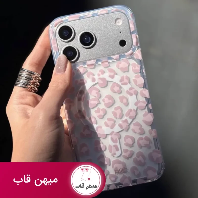 قاب گوشی آیفون پلنگی صورتی به همراه مگ سیف
