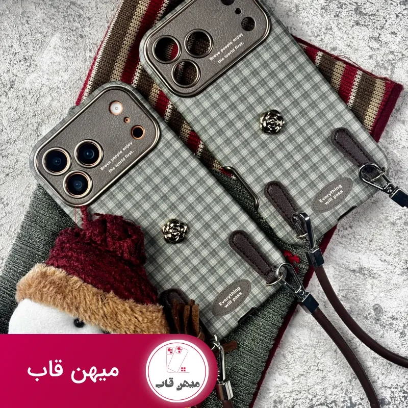 قاب موبایل آیفون چهارخونه سبز این نیز بگذرد + بندست