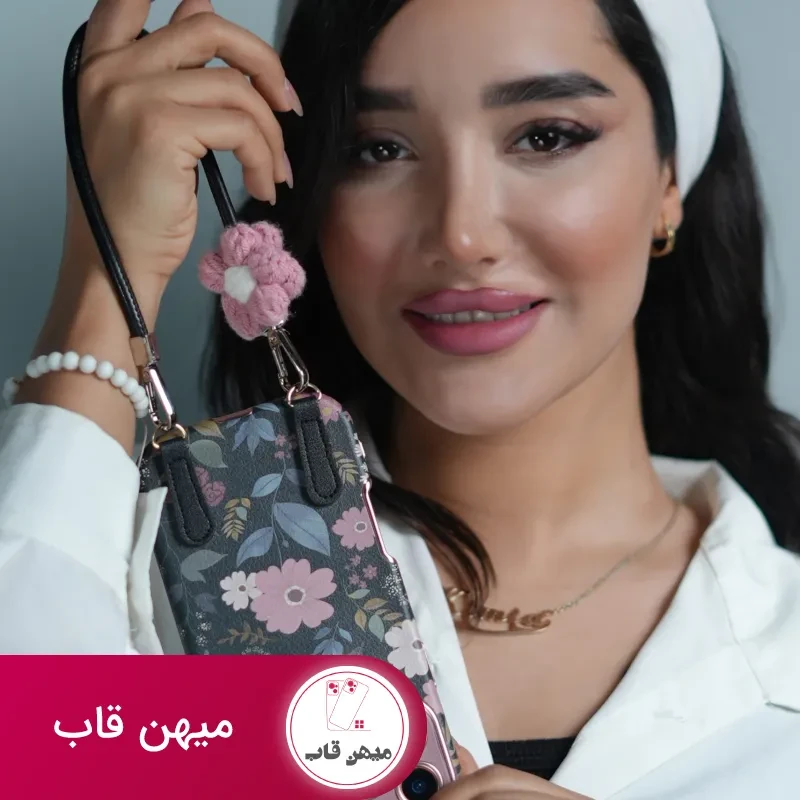 قاب موبایل آیفون بلوم کیس همراه با بند کوتاه گلدار و بند بلند