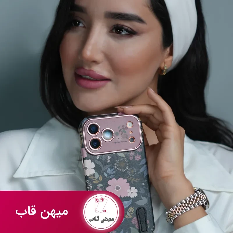 قاب موبایل آیفون بلوم کیس همراه با بند کوتاه گلدار و بند بلند