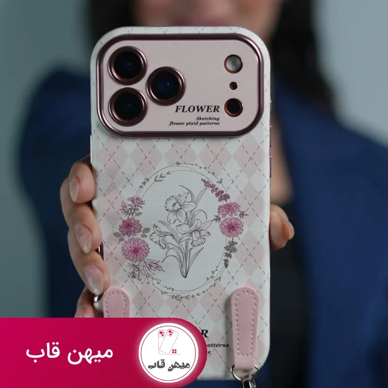 قاب موبایل آیفون فلاور رزپینک همراه با دو بند ست کوتاه و بلند
