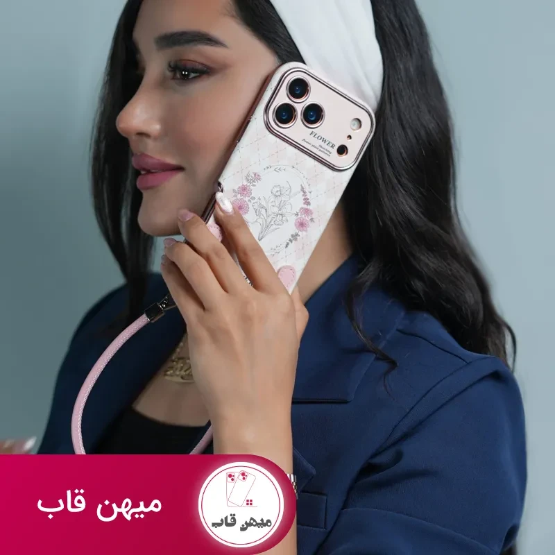 قاب موبایل آیفون فلاور رزپینک همراه با دو بند ست کوتاه و بلند