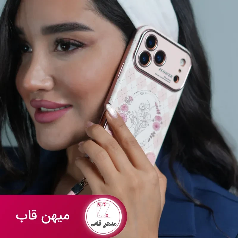 قاب موبایل آیفون فلاور رزپینک همراه با دو بند ست کوتاه و بلند