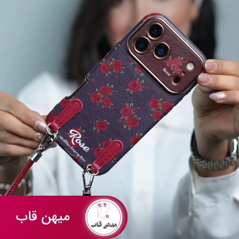 قاب گوشی آیفون گل رز سلطنتی + بندست چرمی