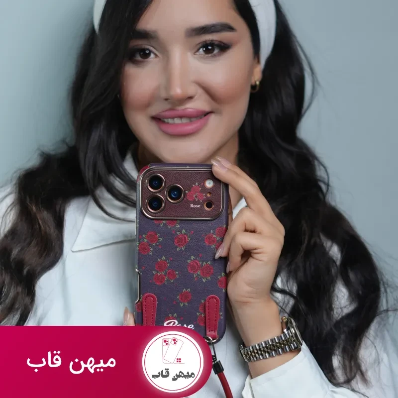 قاب گوشی آیفون گل رز سلطنتی + بندست چرمی