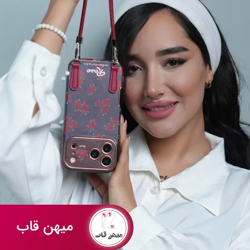 قاب گوشی آیفون گل رز سلطنتی + بندست چرمی