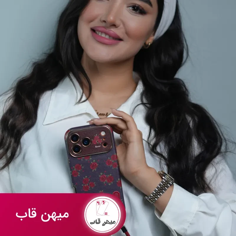 قاب گوشی آیفون گل رز سلطنتی + بندست چرمی