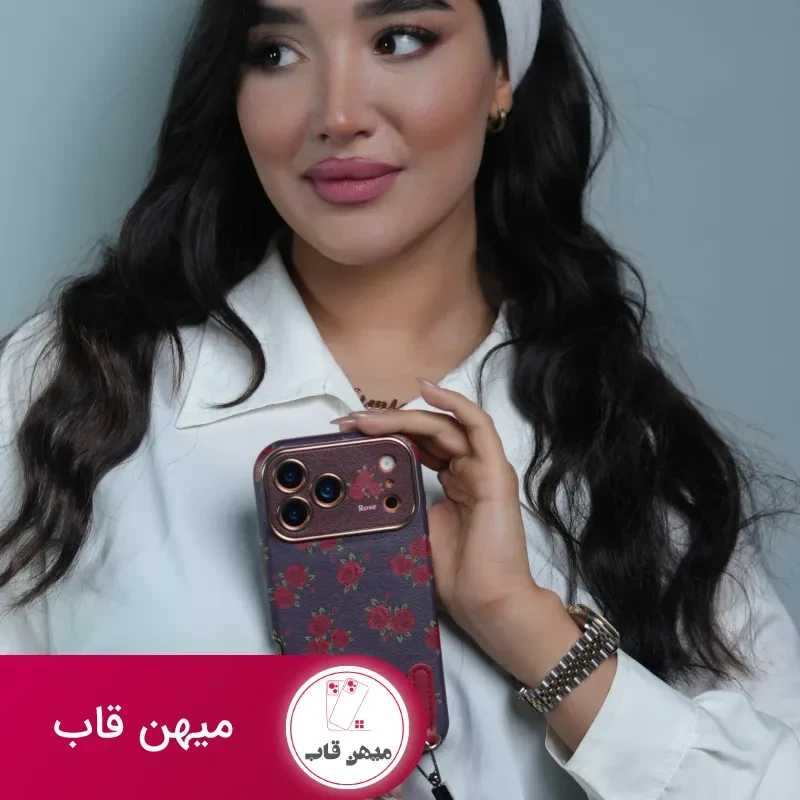 قاب گوشی آیفون گل رز سلطنتی + بندست چرمی