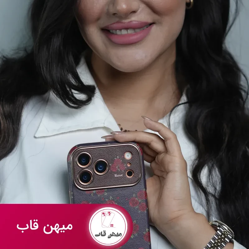 قاب گوشی آیفون گل رز سلطنتی + بندست چرمی