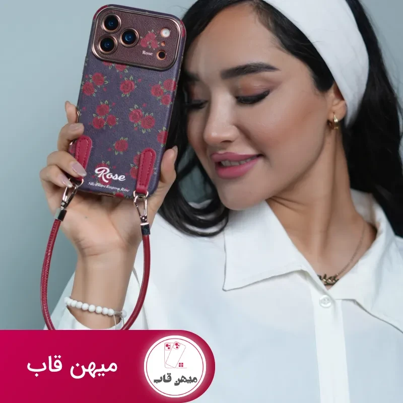 قاب گوشی آیفون گل رز سلطنتی + بندست چرمی