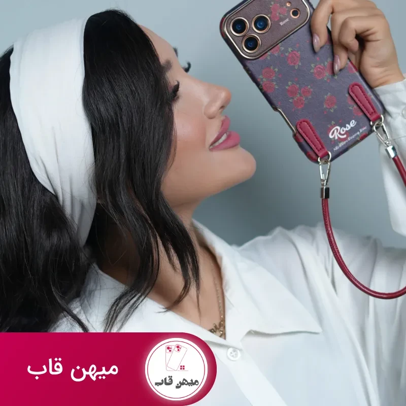 قاب گوشی آیفون گل رز سلطنتی + بندست چرمی
