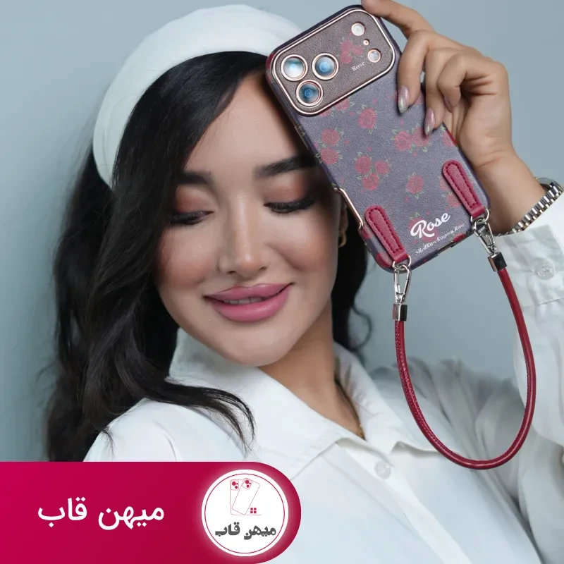 قاب گوشی آیفون گل رز سلطنتی + بندست چرمی