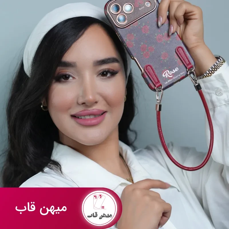 قاب گوشی آیفون گل رز سلطنتی + بندست چرمی