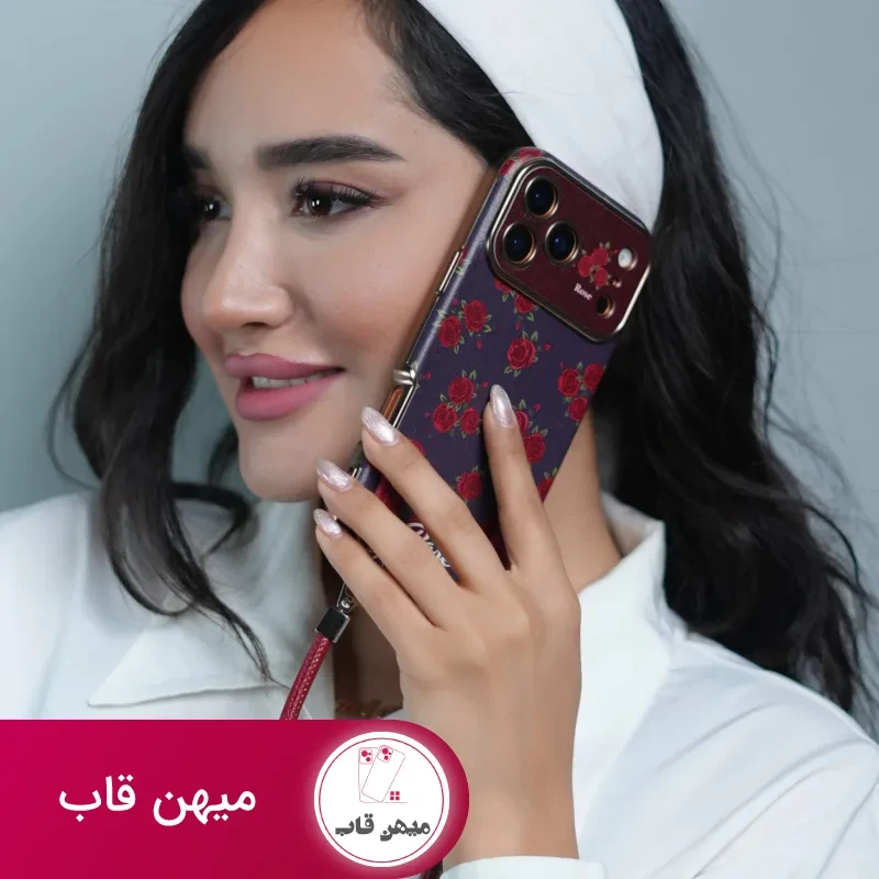 قاب گوشی آیفون گل رز سلطنتی + بندست چرمی