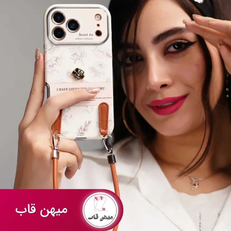 قاب موبایل آیفون گل طلایی انگلیسی الگانس محافظ لنزدار + بندست چرمی