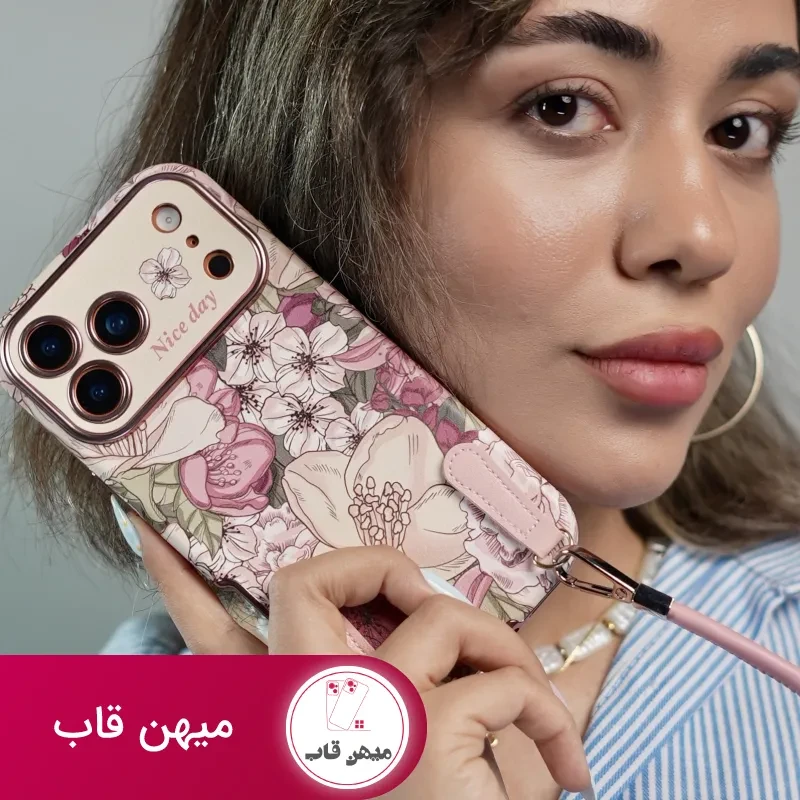 قاب موبایل آیفون شکوفه رویایی ویولا + 2تا بندست چرمی کوتاه و بلند