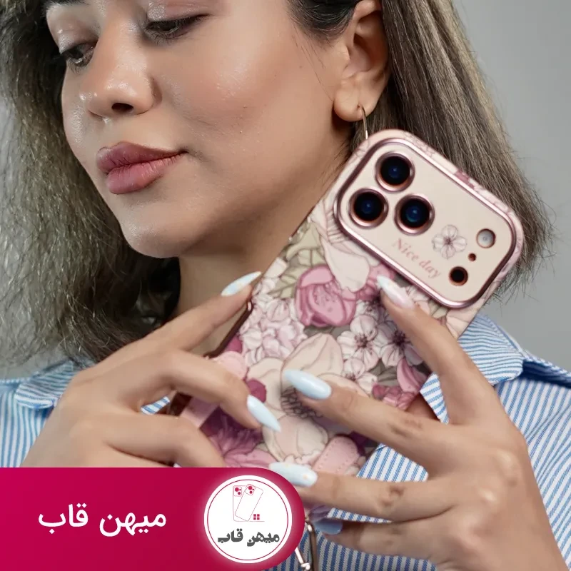 قاب موبایل آیفون شکوفه رویایی ویولا + 2تا بندست چرمی کوتاه و بلند