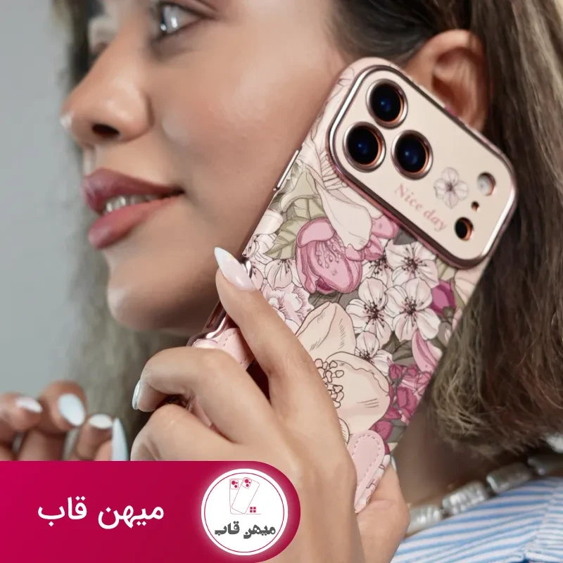 قاب موبایل آیفون شکوفه رویایی ویولا + 2تا بندست چرمی کوتاه و بلند