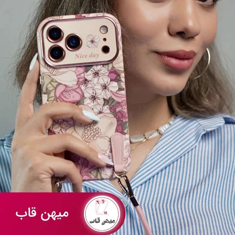 قاب موبایل آیفون شکوفه رویایی ویولا + 2تا بندست چرمی کوتاه و بلند