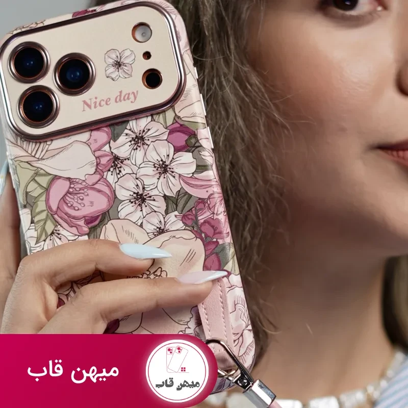 قاب موبایل آیفون شکوفه رویایی ویولا + 2تا بندست چرمی کوتاه و بلند