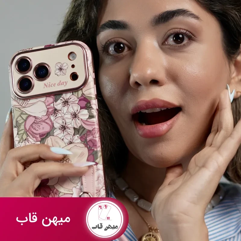 قاب موبایل آیفون شکوفه رویایی ویولا + 2تا بندست چرمی کوتاه و بلند