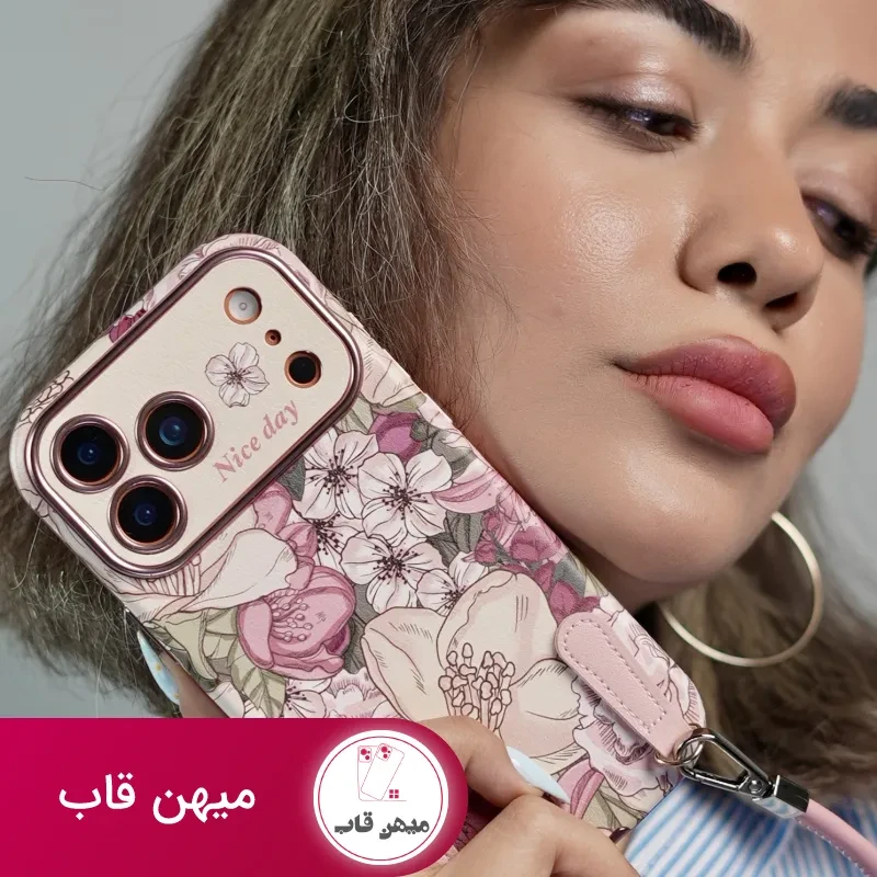 قاب موبایل آیفون شکوفه رویایی ویولا + 2تا بندست چرمی کوتاه و بلند