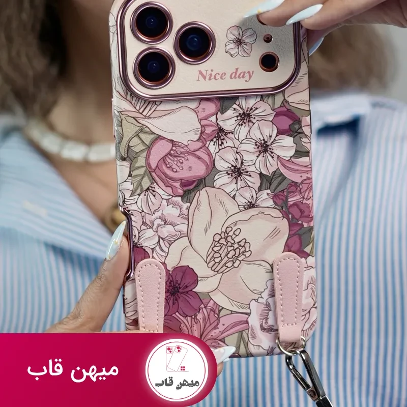 قاب موبایل آیفون شکوفه رویایی ویولا + 2تا بندست چرمی کوتاه و بلند