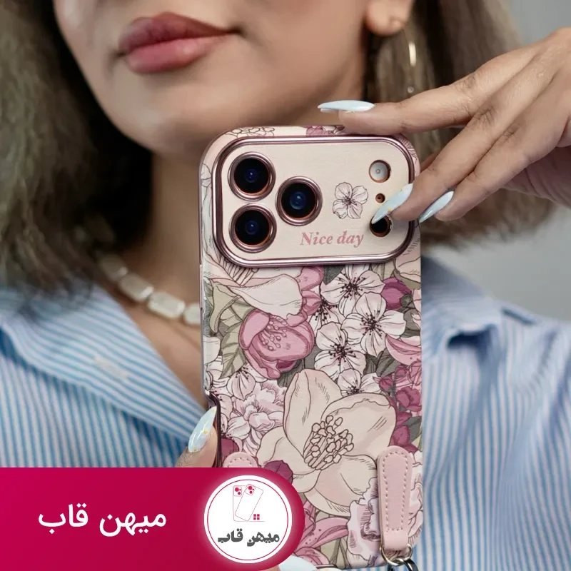 قاب موبایل آیفون شکوفه رویایی ویولا + 2تا بندست چرمی کوتاه و بلند