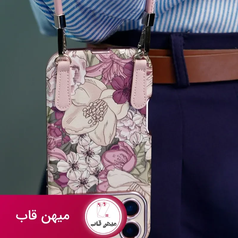 قاب موبایل آیفون شکوفه رویایی ویولا + 2تا بندست چرمی کوتاه و بلند