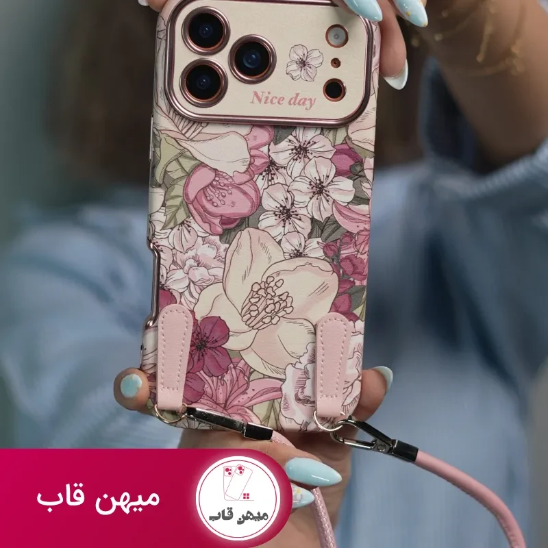 قاب موبایل آیفون شکوفه رویایی ویولا + 2تا بندست چرمی کوتاه و بلند