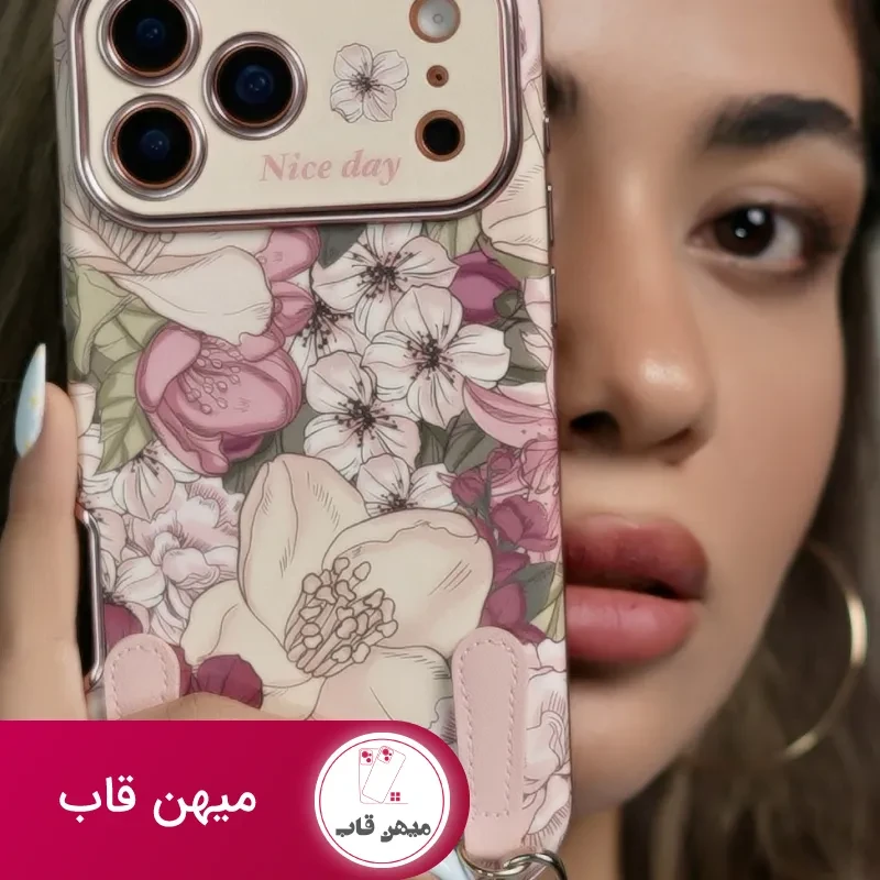قاب موبایل آیفون شکوفه رویایی ویولا + 2تا بندست چرمی کوتاه و بلند