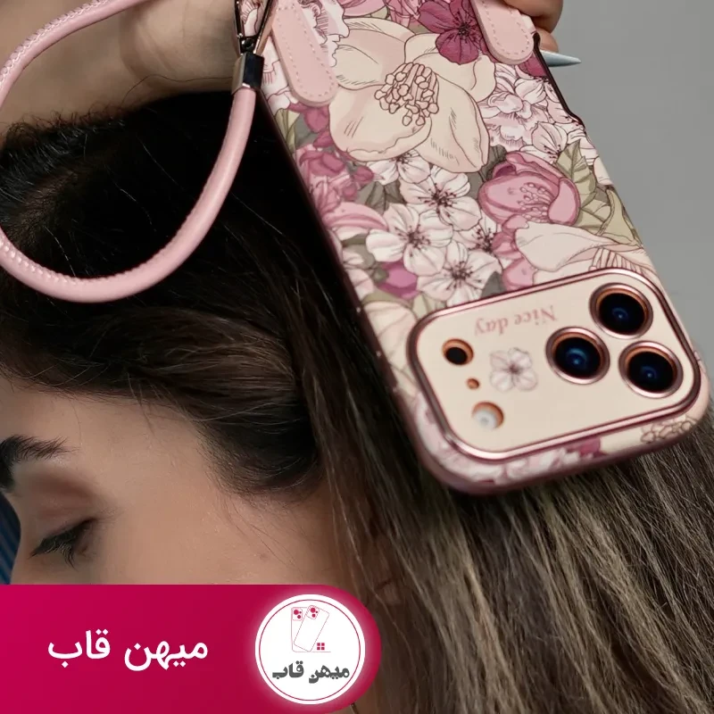 قاب موبایل آیفون شکوفه رویایی ویولا + 2تا بندست چرمی کوتاه و بلند