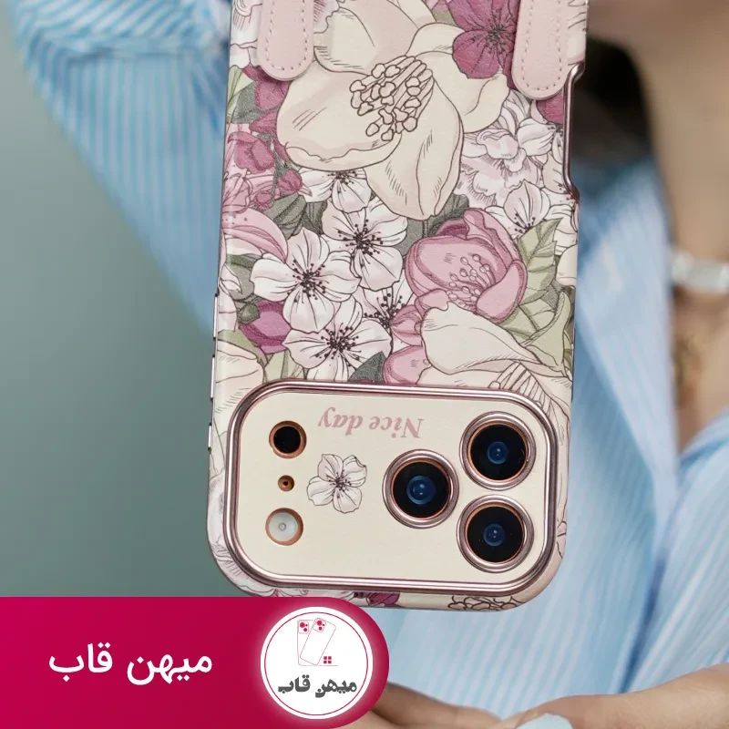 قاب موبایل آیفون شکوفه رویایی ویولا + 2تا بندست چرمی کوتاه و بلند