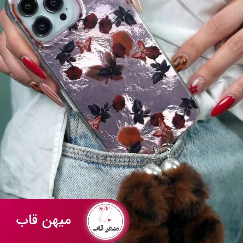 قاب موبایل آیفون دم روباهی پروانه گل سرخ + بندست پشمی